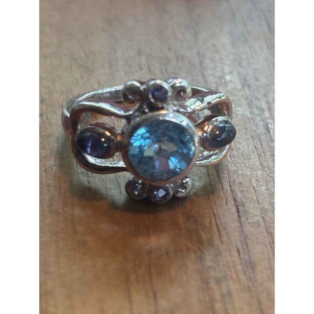 925 Sterling Silver Ring Blue Topaz Multi Gem Ring Size 9.25